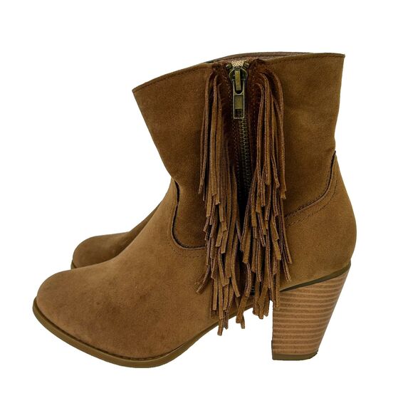 Rampage Frankey Tan Suede Fringe Western Ankle Boots Heeled Cowgirl Boho Shoes 8 - Picture 1 of 12